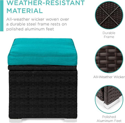 Best Choice Products Set of 2 Wicker Ottomans, Multipurpose Outdoor Furniture for Patio, Backyard, Additional Seating, Footrest, Side Table w/Storage, Removable Cushions - Black/Teal