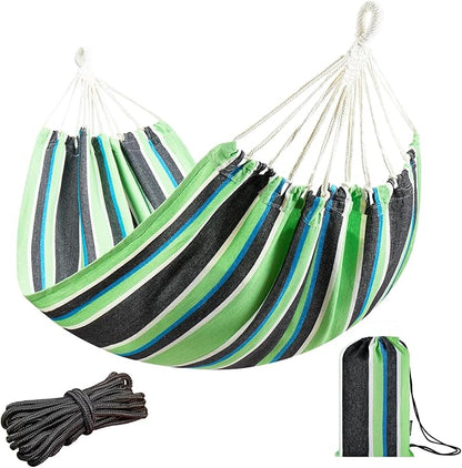 JoyView Brazilian Hammock for Single Preson - 78.8x39.4” Portable Cotton Hammock with Hanging Ropes & Carry Bag Large for Patio 300LBS Capacity Perfect for Outdoor/Indoor - Green/Black Stripe