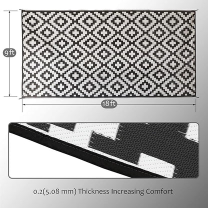 SAND MINE Waterproof Outdoor Rug 9x18 ft, Plastic Straw Rug, Modern Area Rug, Large Floor Mat, RV, Patio, Backyard, Deck, Picnic, Beach, Trailer, Camping (9' x 18', Black & White Lattice)