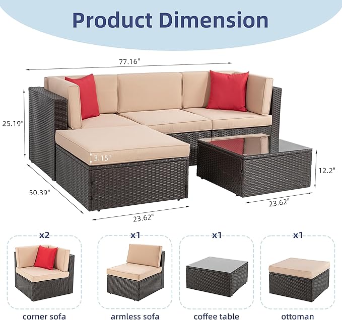 Vongrasig 5 Piece Patio Furniture Sets, Outdoor Patio Set Sectional Sofa, All-Weather PE Rattan Outdoor Couch with Ottoman, Glass Table for Garden, Backyard, Porch, Beige