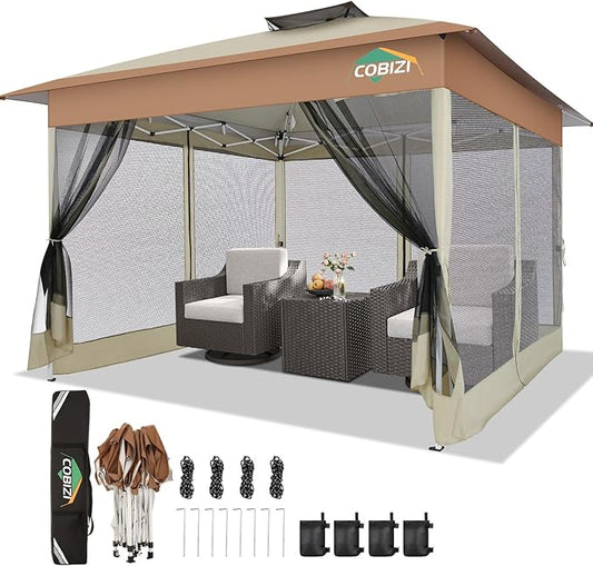 COBIZI Gazebo 13x13 Pop Up Canopy, Gazebos on Clearance - Canopy Tent with Mosquito Netting for Lawn, Garden, Backyard & Patio - Carpas para Patio- Water Resistant and UPF50+ (Khaki)