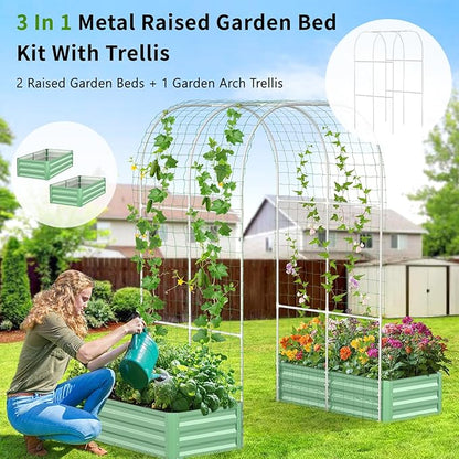 DoCred 3 in 1 Raised Garden Bed with 87in Tall Arch Trellis for Climbing Plants, Galvanized Planter Garden Box Outdoor for Gardening, Climbing Vegetables, Flower, Green