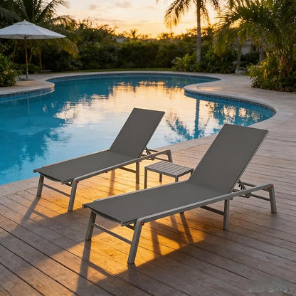 Kozyard 3-Pieces Patio Lounge Set, 2 Foldable Adjustable Lounge Chairs and Side Table, Aluminum Frame, Breathable Textilene Fabric, Assemble-Free, Reclining to Flat for Pool, Beach (Gray)