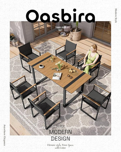 Outdoor Dining Table for 6, HDPS+ Aluminum Patio Dning Table with U-Shape Leg, Size: 67.4"*32.3"*29.6",Modern Rectangular Table for Lawn, Garden (Gray-Teak)