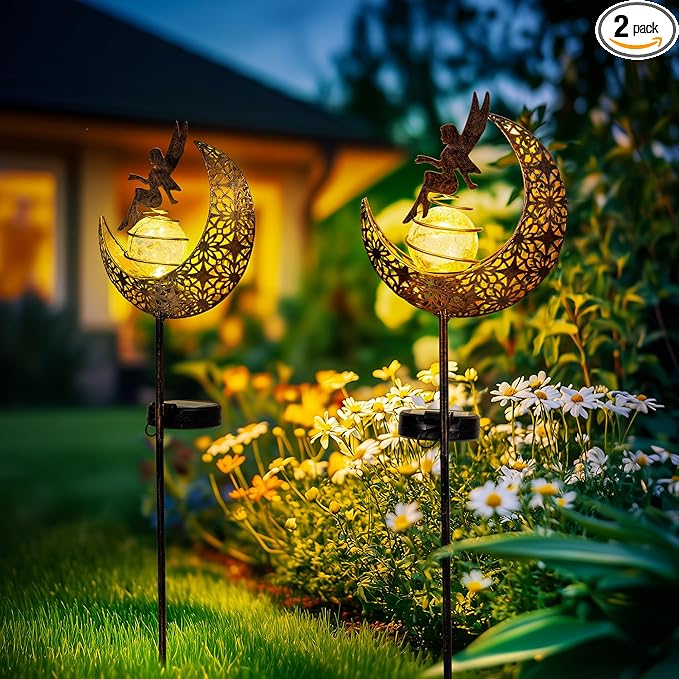Fairy Garden Solar Lights Outdoor Moon Stakes, Waterproof Outdoor Metal Decor Gifts for Women Mom, Art Moon Sculpture for Yard, Patio, Garden, Porch, 2 Pack