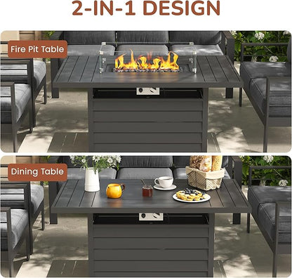 Solaste Aluminum Patio Furniture Set with 55" Fire Pit Table, 7 Seats Metal Outdoor Furniture with Water-Resistant Cushions, Modern Patio Conversation Set for Balcony, Front Porch, and Backyard, Grey