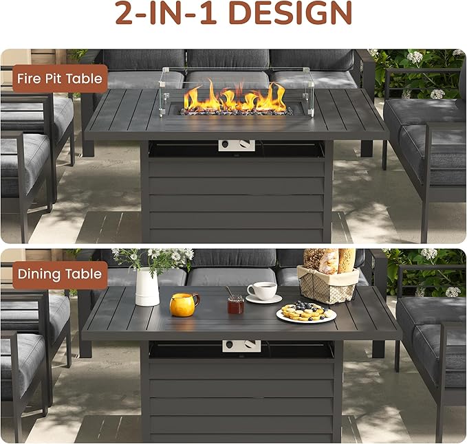 Solaste Aluminum Patio Furniture Set with Fire Pit Table, 4 Piece Metal Outdoor Furniture with Water-Resistant Cushions, Modern Patio Conversation Set for Balcony, Front Porch, and Backyard, Grey