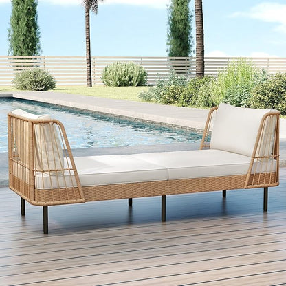 Tangkula Patio Rattan Daybed, Boho Outdoor Wicker Lounge Sofa with Seat & Back Cushions, 2-Seat Bench Sun Lounger Chair with Robust Metal Legs for Deck, Backyard, Porch, Poolside (1, Off White)