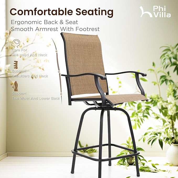 PHI VILLA Outdoor Patio Swivel Bar Set of 11, Textilene Bar Height Chair with Armrest and Wood Like Bar Table, All-Weather Furniture Set for Garden Lawn