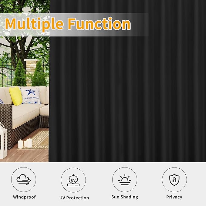 Easy-Going Outdoor Patio Curtains Detachable Tab Top Windproof Weatherproof Curtain for Cabana, Porch, Pergola and Gazebo, Tab Bottom Drape, 2 Panels, 110W x 84L inch, Black