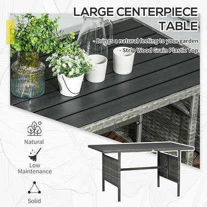 Outsunny 7 Piece Rattan Outdoor Patio Furniture Set, L-Shaped Sectional Sofa Conversation Set with Loveseats, Ottomans, Dining Table, Cushions, Storage, Mixed Gray