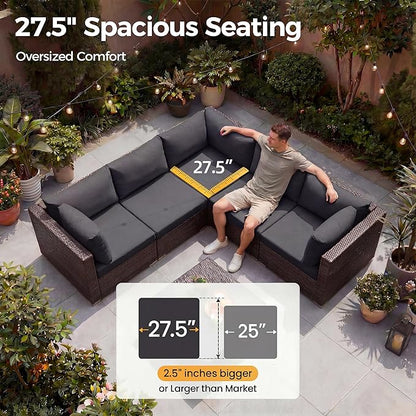 NICESOUL 11 Pcs Modern Outdoor Patio Sectional Furniture Set with Fire Pit Table, 29.3'' High Back Conversation Sets with Firepit, Cozy Large U-Shaped L-Shape Couches, Brown Rattan and Gray Cushion