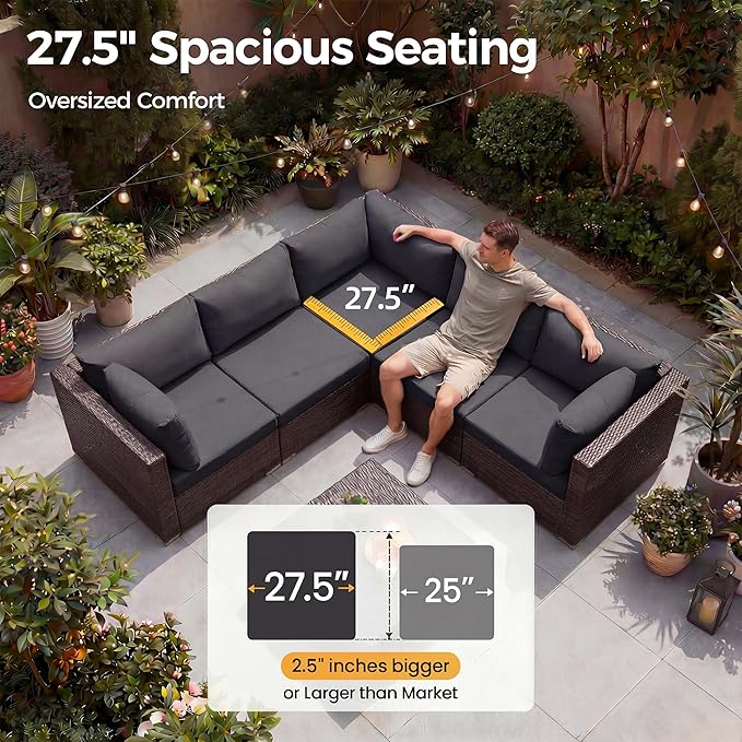 NICESOUL 6 Piece L Shape Outdoor Couch Set with Fire Pit Natural Gas/Propane, 29.3'' High Back Deep Wide Seated Patio Conversation for Deck, Wicker Patio Furniture Set, Brown Rattan and Grey Cushion