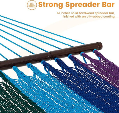 Lazy Daze Hammocks 10.5 FT Double 2 Person Caribbean Rope Hammock, Hand Woven Polyester Hammock with Spreader Bars, for Outside Outdoor Backyard Patio Poolside, 450 LBS Capacity, Rainbow