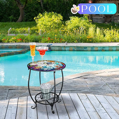Outdoor Side Table Round Small Mosaic Patio Accent Indoor End Plant Coffee Tea Table for Yard Patio Porch Garden Living Room, Bedroom(Mermaid Style,14 Inch)