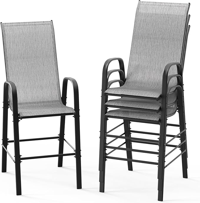 VINGLI Set of 4 Stackable Outdoor Bar Stools – Sling Chairs with High Back & Armrests, for Lawn, Garden, Bar, Grey