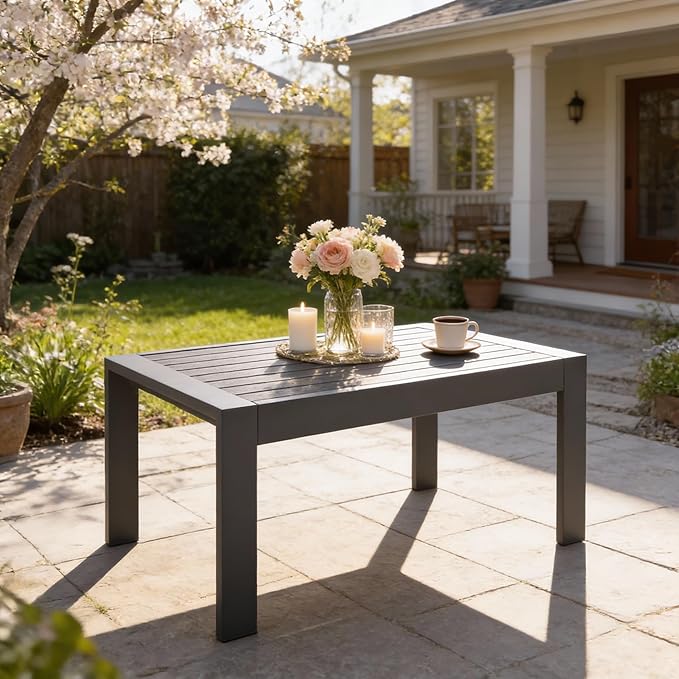 All-Weather Aluminum Outdoor Coffee Table, Modern Coffee Table for Outside, Rectangle Patio Coffee Table for Balcony Garden, Deep Grey