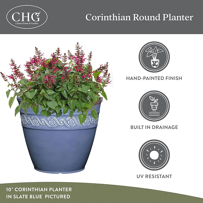Classic Home and Garden Corinthian Round Resin Flower Planter Pot, Slate Blue 8" (Pack of 3)