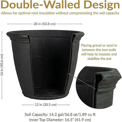 Sunnydaze 20-Inch Anjelica Large Plastic Pot for Plants - Outdoor Double-Walled Large Plastic Planter with Drillable Drainage Holes - Matte Black - 2pk