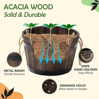 Set of 3 Wooden Flower Boxes Outdoor, Durable Acacia Wood Barrel Planters for Outdoor Plants with Ergonomic Handles, Drainage Holes, Multiple Sizes Wood Bucket Planter for Home Décor
