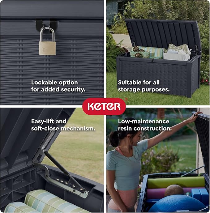 Outdoor Storage Bench, Gray Resin Deck Box with Soft-Close Lid