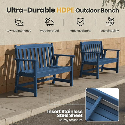 Ciokea 49" Heavy Duty Outdoor Bench Set of 2, HDPE Weatherproof Garden Bench, 2-Person Memorial Benches with 660 Lbs, Waterproof Patio Porch Benches for Outside Business Office Backyard, Navy Blue