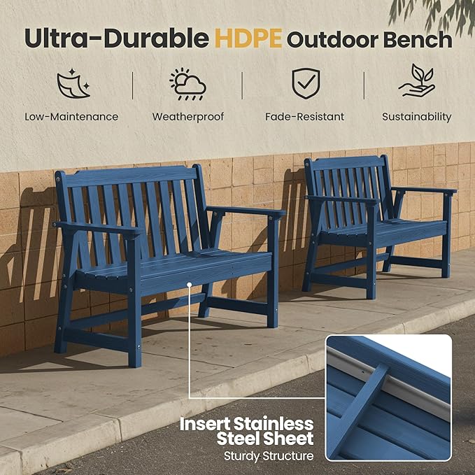 Ciokea 49" Heavy Duty Outdoor Bench, HDPE Weatherproof Porch Benches, Durable 2-Person Garden Benches with 660 Lbs, Waterproof Patio Bench for Outside Balcony Deck Backyard, Navy Blue