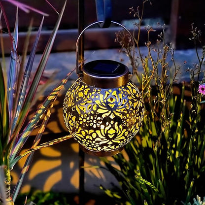 2 Pack Outdoor Solar Hanging Lantern Lights Metal LED Decorative Lamp for Garden Patio Courtyard Lawn and Table with Hollowed-Out Design (Bronze)