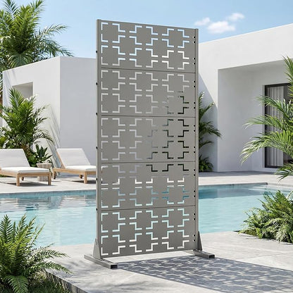 Casaphoria Metal Privacy Screen Outdoor, 60" H x 30" W Freestanding Decorative Privacy Screen for Patio Deck Balcony Garden with Stable Base, Grey-Square