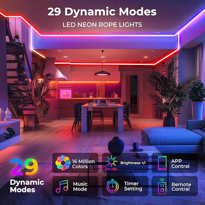 65.6FT LED Neon Rope Lights, Flexible Led Rope Lights Control with App/Remote, IP67 Outdoor RGB Color Changing Led Neon Lights Waterproof, Music Sync Led Strip Neon Lights for Bedroom Decor