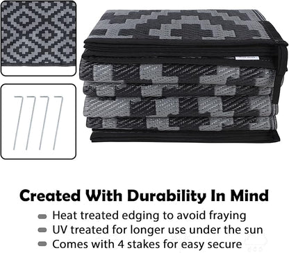 SAND MINE Waterproof Outdoor Rug 8x10 ft, Plastic Reversible Rug, Modern Area Rug, Large Floor Mat for Outdoors, RV, Patio, Backyard, Deck, Picnic, Beach, Camping (8' x 10', Black Grey Lattice)