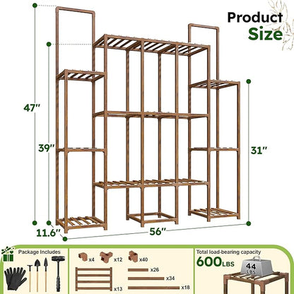EnHomee Plant Stand Indoor for Multiple Plants Stand Outdoor with 18-22 Potted Double Rod for Hanging Plant Shelf 570 LBS Wood Plants Shelves for Living Room Patio Balcony Yard Garden 56''W×11.6''D×47''H