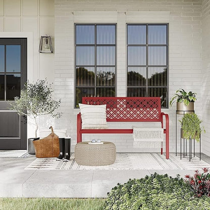 Grand patio Garden Bench, Outdoor Benches with Anti-Rust Metal Powder Coated Frame, Patio Bench for Front Porch Park Outside Furniture Decor, Cherry Red