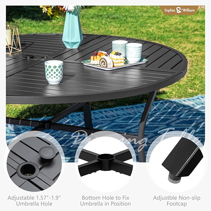 Sophia and William Patio Dining Set for 6, Outdoor Table and Chairs, Removable Seat Cushions, Black 54" Round Patio Dining Table,Blue