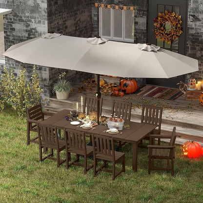 9-Piece Brown Outdoor Dining Set with White 15FT Large Patio Umbrella, 75.2'' HDPE Table & Chairs for 8, Weather-Resistant Furniture with Umbrella Hole for Patio, Lawn, Poolside
