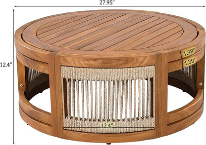 Merax 4-Piece Patio Premium Acacia Wood Outdoor Furniture Set,All Weather Curved Tub Design with Woven Rope Accents Loveseat Chairs and Table for Backyard, Balcony and Deck,Teak+Grey
