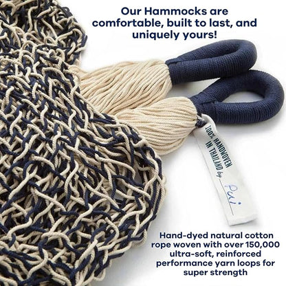 Handwoven Cotton Rope Hammock by Yellow Leaf Hammocks - Double Size, Fits 1-2 PPL, 400lb max - 100% Natural Cotton, Easy to Hang, Artisan Made - Color: Navy Blue - Off White