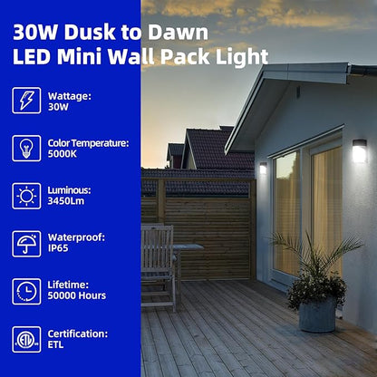 hykolity Update 30W LED Wall Pack Light with Photocell, 3450LM 5000K Daylight Dusk to Dawn 120V LED Outdoor Wall Mount Light, 150-250W MH/HPS Replacement, Waterproof Security Lighting-4 Pack