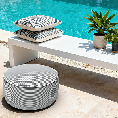 LVTXIII Indoor/Outdoor Inflatable Ottoman with Handle D21 x H9 Inch, Weather-Resistant Round Footstool Pouf for Patio Camping Living Room, Portable Footrest Extra Seating, Topanga Stripe Grey