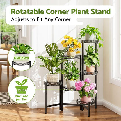 6 Tier Large Plant Stand Indoor with 7.9-Inch Wide Drainage Tray, Tiered Corner Metal Outdoor Flower Display Holder Shelf, Folding Tall Rack for House Patio Porch Balcony Graden - BlackFlower