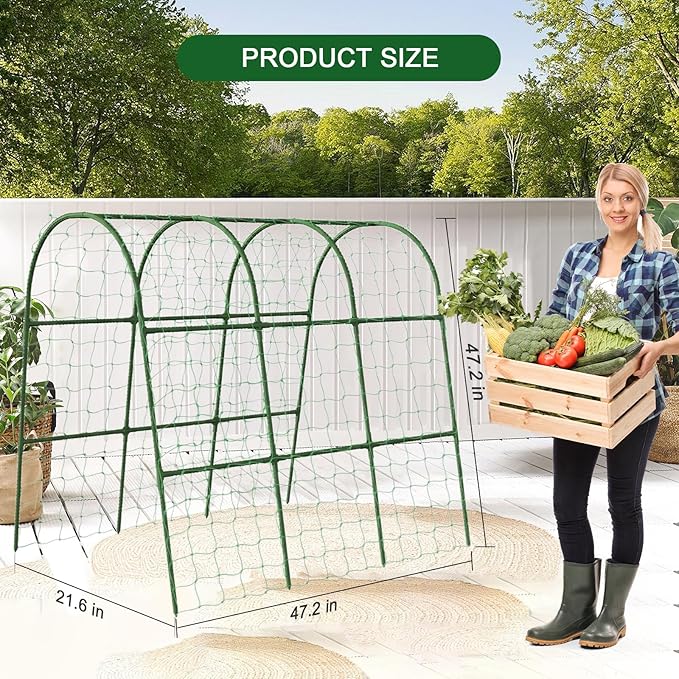 U-Shape Cucumber Trellis for Raised Bed - 47"x47"x22" Metal Garden Trellis with Net & Clips | Rust-Proof Plant Support for Cucumber, Tomato, Peas | Heavy-Duty Outdoor Climbing Plants Trellis