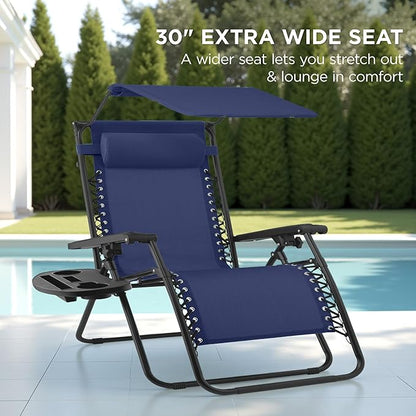 Best Choice Products 30” Wide Folding Zero Gravity Outdoor Recliner Patio Lounge Chair w/Adjustable Canopy Shade, Headrest, Side Accessory Tray - Navy Blue