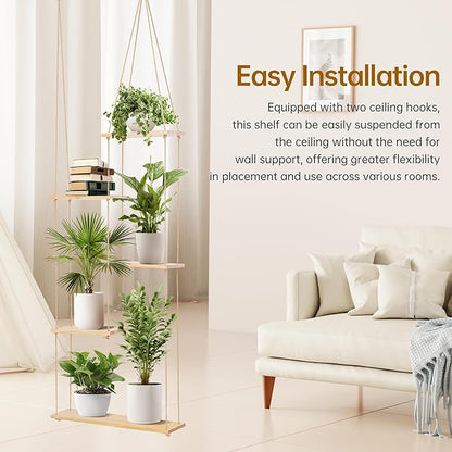 Hemp Rope Hanging Window Plant Shelf from Ceiling for Narrow Space Boho Hanging Plant Shelves, Natural Pine Wooden Plant Hanger Display for Indoor