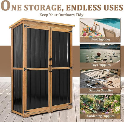 PetsCosset 46" L Large Outdoor Storage Cabinet with Shelves, Wood & Metal Storage Shed Weather-Resistant, Outside Storage Cabinet for Garage Patio Backyard Garden with Waterproof Roof