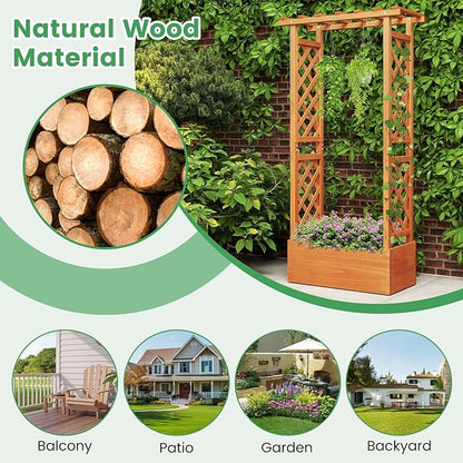 Giantex Raised Garden Bed with 2-Sided Trellis & Hanging Roof, Fir Wood Planter Box w/Drainage Holes, Bottom Gaps, Freestanding Garden Planter for Flowers Herbs Climbing Vines (31" x 12.5" x 60")