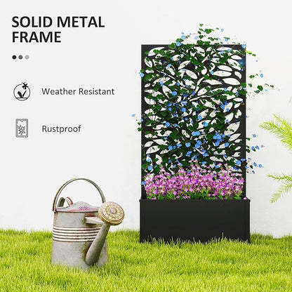 Outsunny Metal Raised Garden Bed with Trellis for Climbing Plants, Freestanding or Wall Mounted Flower Bed with Privacy Panel, Leaves Cut-Outs Outdoor Planter Box for Garden, Patio, Balcony