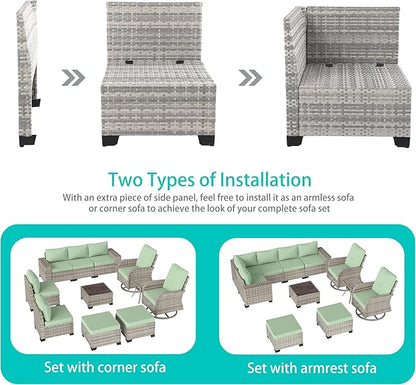 11-Piece Outdoor Patio Furniture Set with Rocking Swivel Chair Wicker Sectional Sofa Set, Patio Conversation Set with Ottomans & Coffee Table for Garden, Backyard, Poolside, Light Green