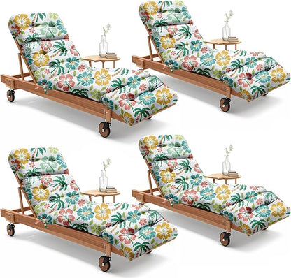 4 Pack Outdoor Chaise Lounge Chair Cushion 75.1 x 22.8 x 4.7 Inches 100% Waterproof Replacement Cotton Patio Pool Lounge Chair Cushion for Outdoor Furniture with Ties, Green Coconut Tree