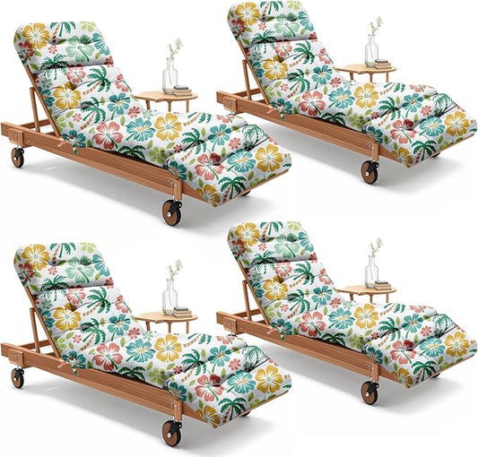 4 Pack Outdoor Chaise Lounge Chair Cushion 75.1 x 22.8 x 4.7 Inches 100% Waterproof Replacement Cotton Patio Pool Lounge Chair Cushion for Outdoor Furniture with Ties, Green Coconut Tree