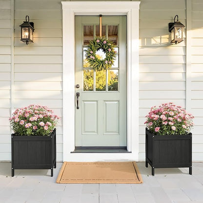LUE BONA Outdoor Plant Pots, 13.7" x 12.5" x 14.5" HDPS Flower Pots with Drainage Holes, Outdoor Planters Boxes for Outdoor Plants - Porch Patio, Garden or Entryway, Black